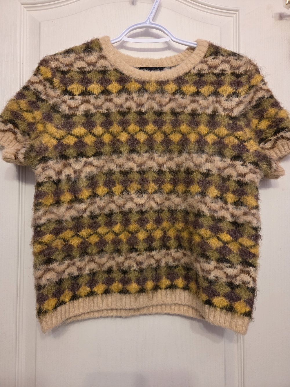 ZARA Brushed Jacquard Knit Geometric Short Sleeve Sweater Yellow Green S
